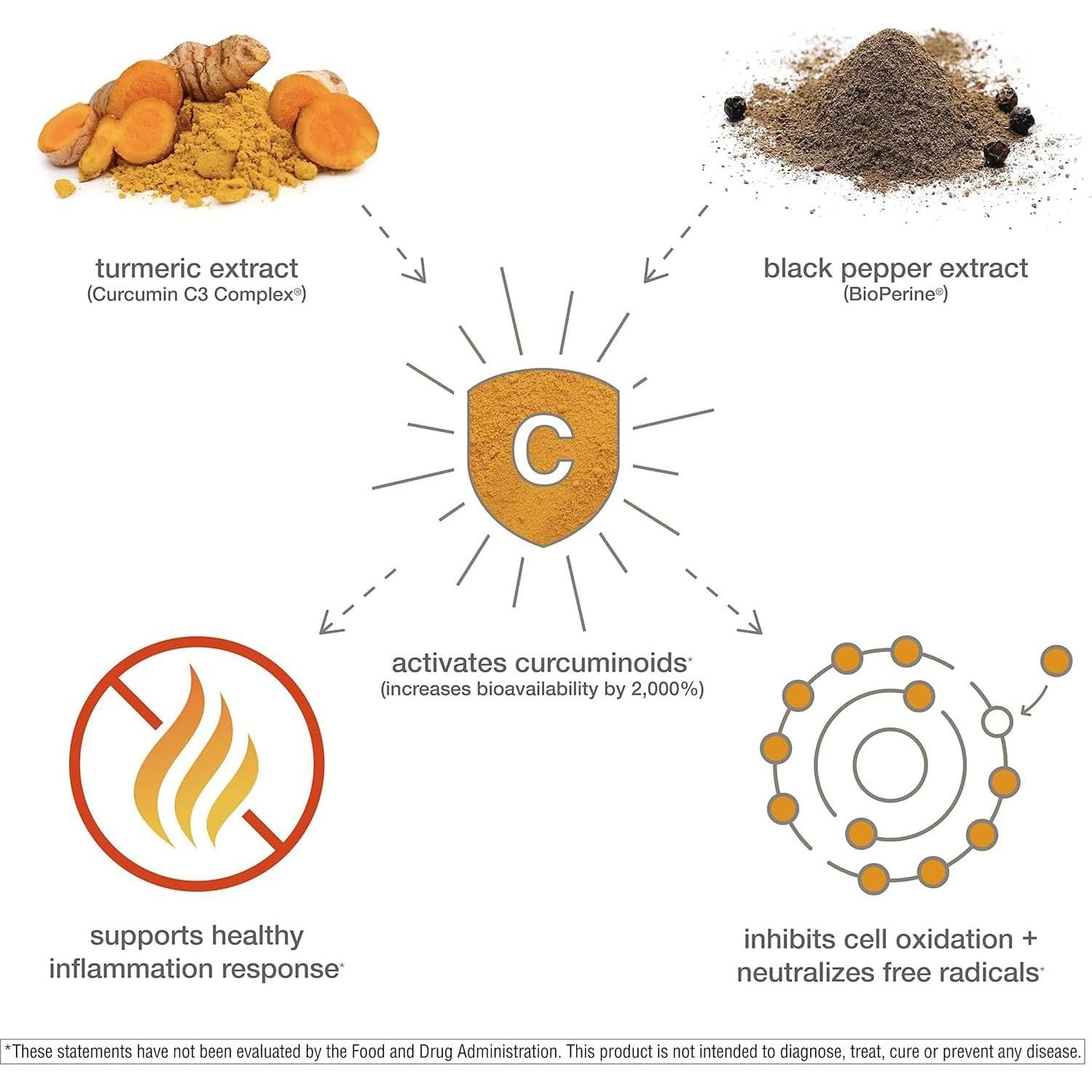 Suplemento de Cúrcuma Youtheory 1000 mg con Pimienta Negra 180 Cápsulas