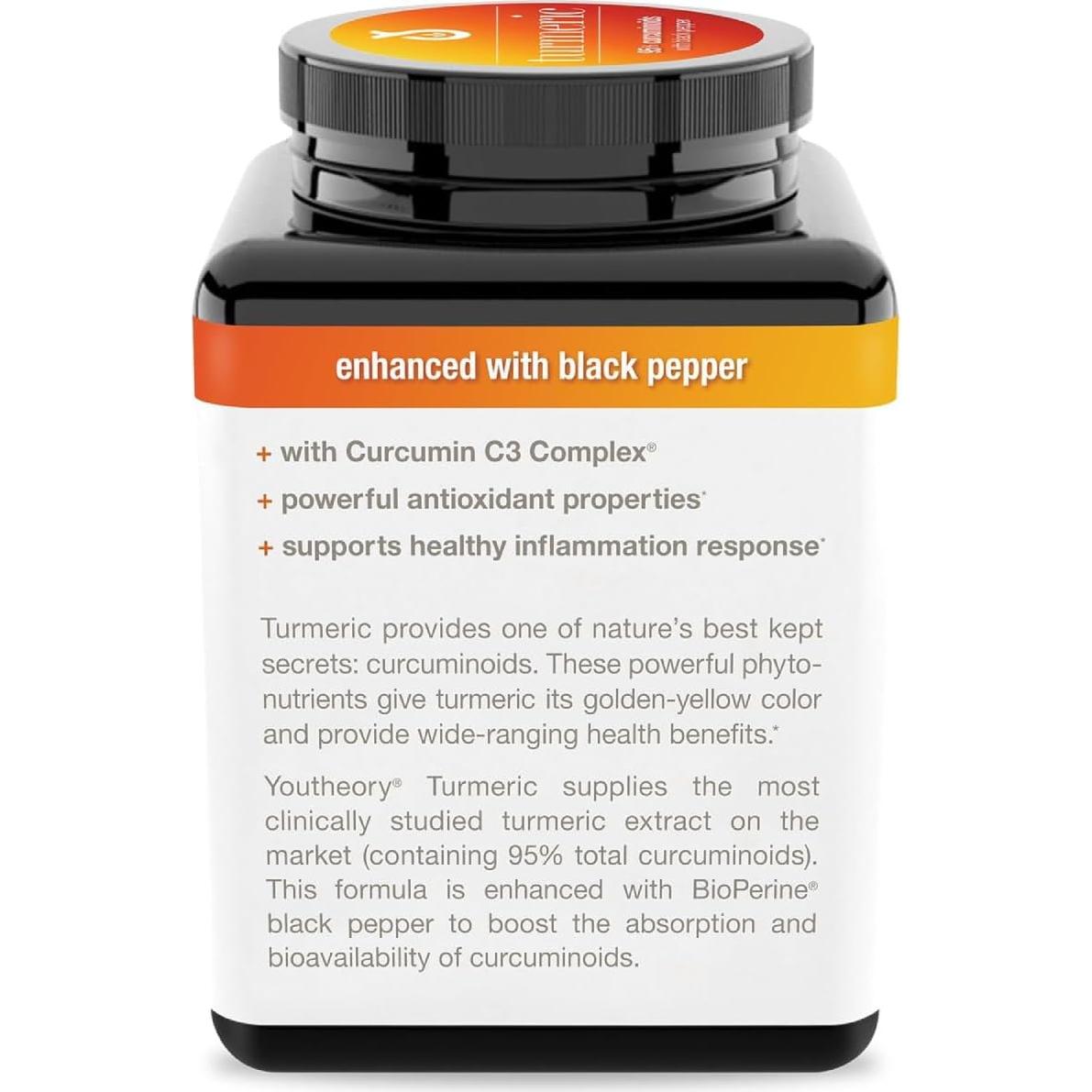 Suplemento de Cúrcuma Youtheory 1000 mg con Pimienta Negra 180 Cápsulas