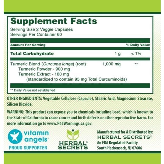 Suplemento de Cúrcuma y Curcumina Herbal Secrets 1000 mg 120 Cápsulas
