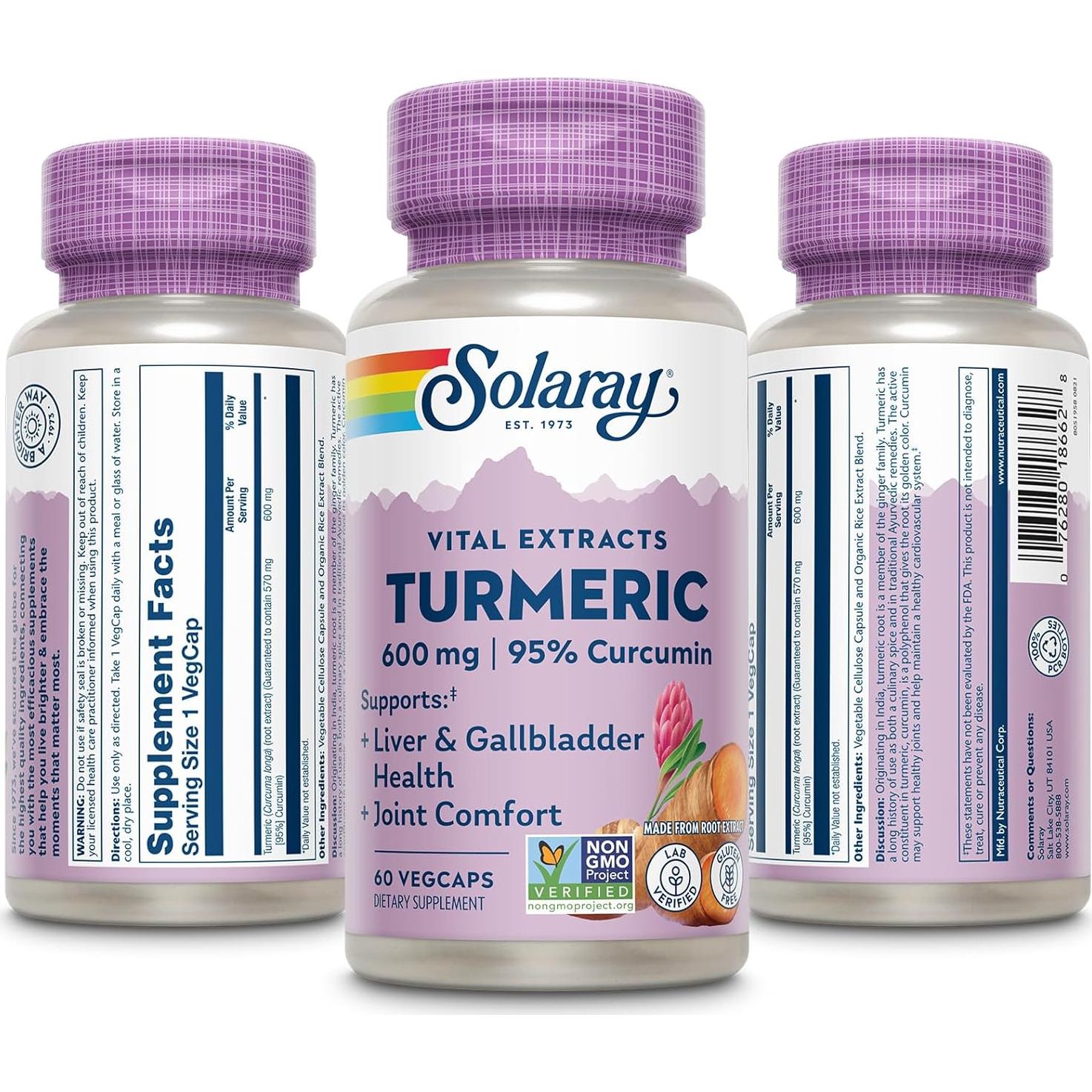 Suplemento de Cúrcuma Solaray 600mg - 95% Curcumina Vegano