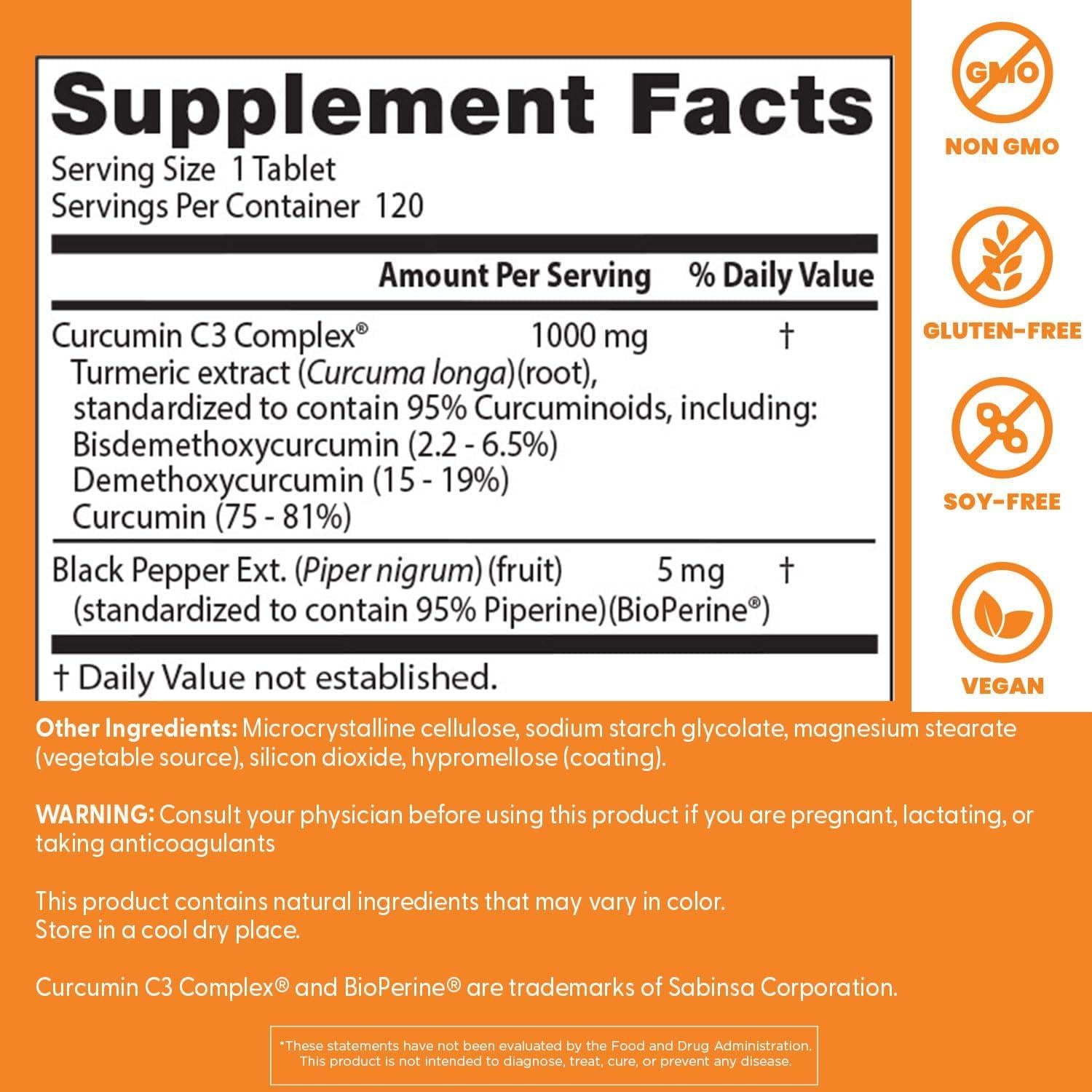 Curcumina 1000 mg Doctor's Best con C3 Complex y BioPerine