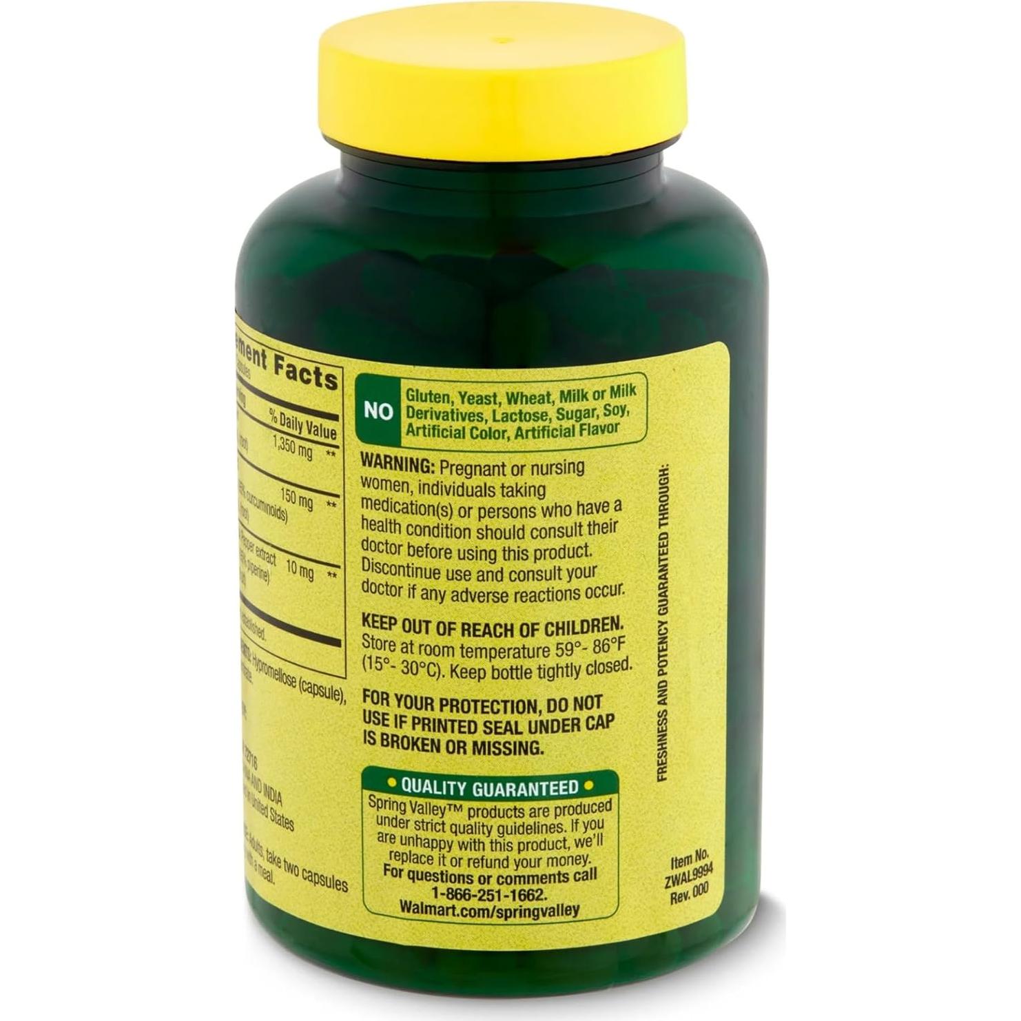 Suplemento de Cúrcuma Spring Valley 1500 mg 90 Cápsulas Vegetarianas