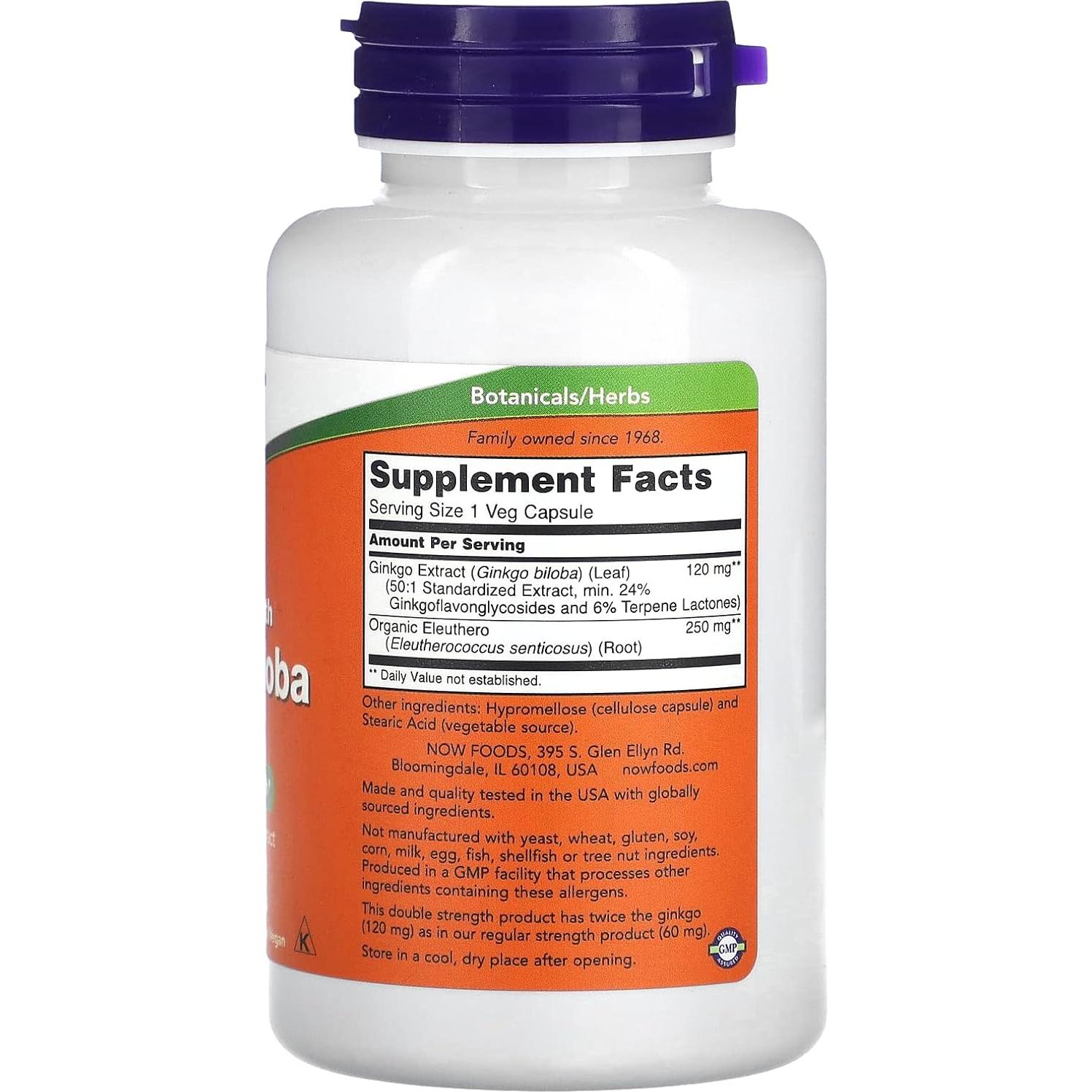 Suplemento Ginkgo Biloba NOW Foods 120 mg 100 Cápsulas Veganas