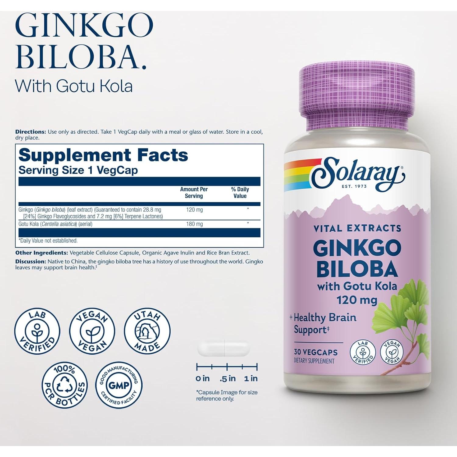 Cápsulas de Ginkgo Biloba Solaray con Gotu Kola - 30 VegCaps