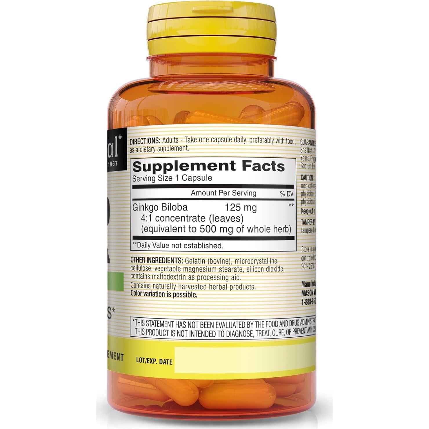 Cápsulas de Ginkgo Biloba Mason Vitamins 125 mg 180 Unidades