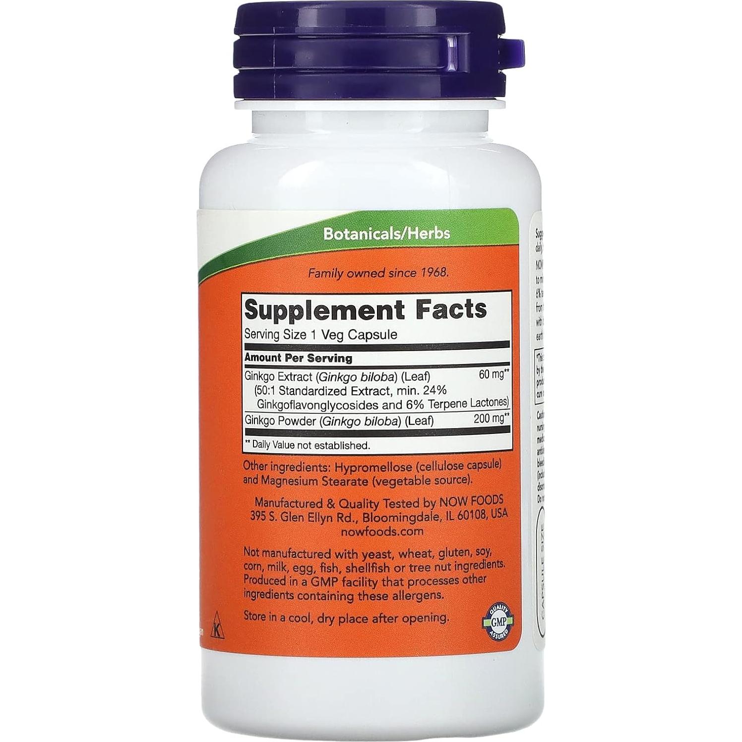 Ginkgo Biloba 60mg 24% Extracto Now Foods - 60 Cápsulas