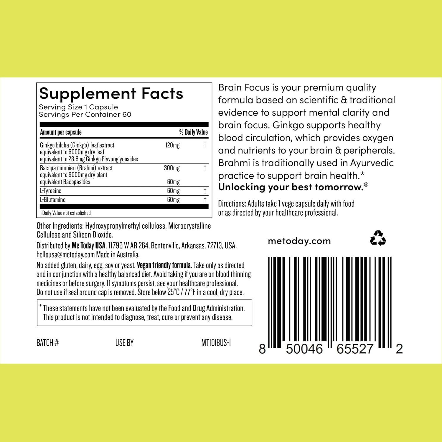 Suplemento Cerebral Vegano me today 60 Cápsulas Ginkgo Brahmi