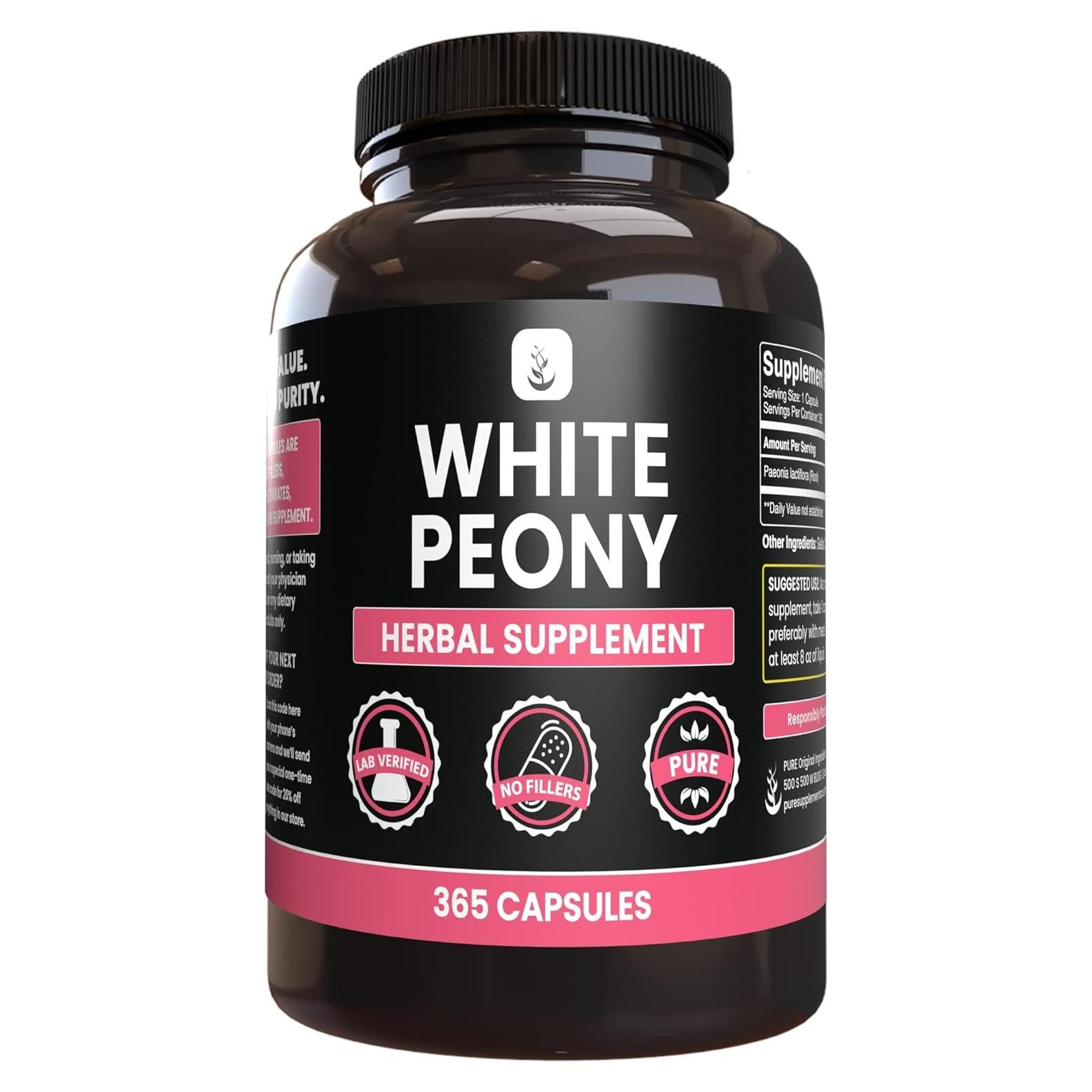 Cápsulas de Peonía Blanca Ingredientes Originales Puros 365 Unidades
