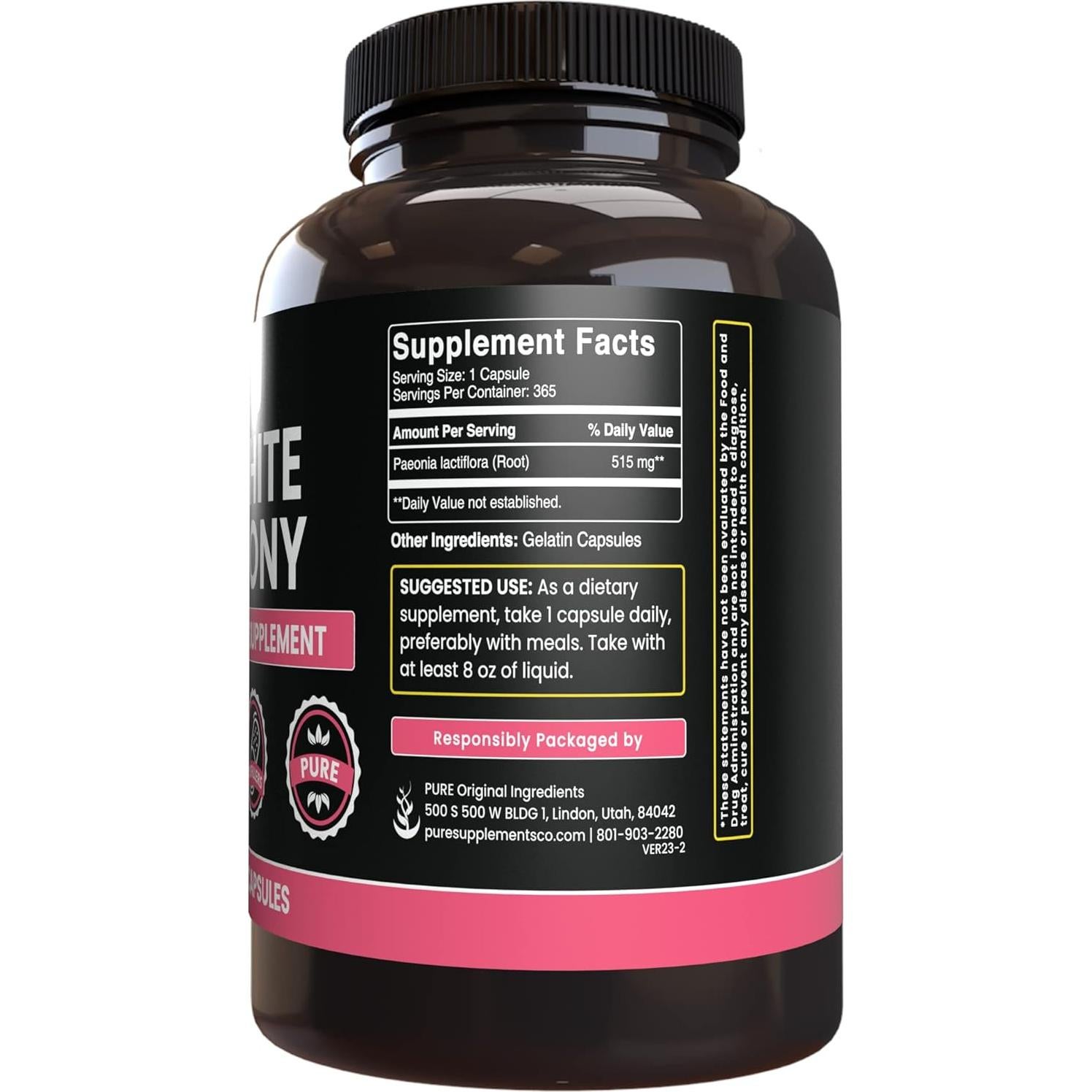 Cápsulas de Peonía Blanca Ingredientes Originales Puros 365 Unidades