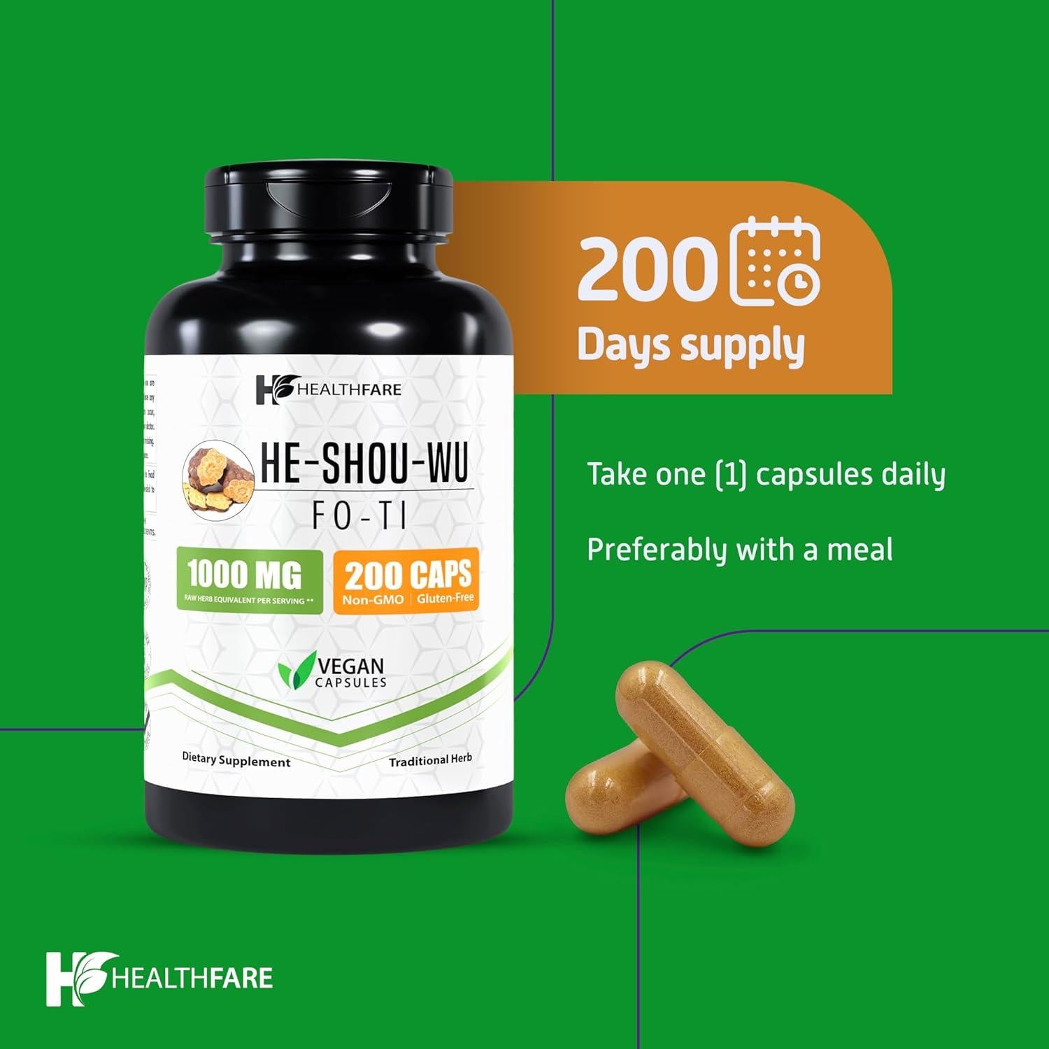 Fo-Ti He Shou Wu 1000mg - 200 Cápsulas Veganas HealthFare