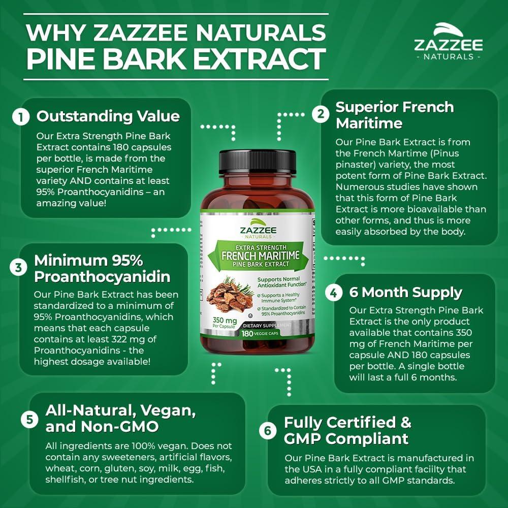 Zazzee Extracto de Corteza de Pino Marítimo 350mg 180 Cápsulas Veganas
