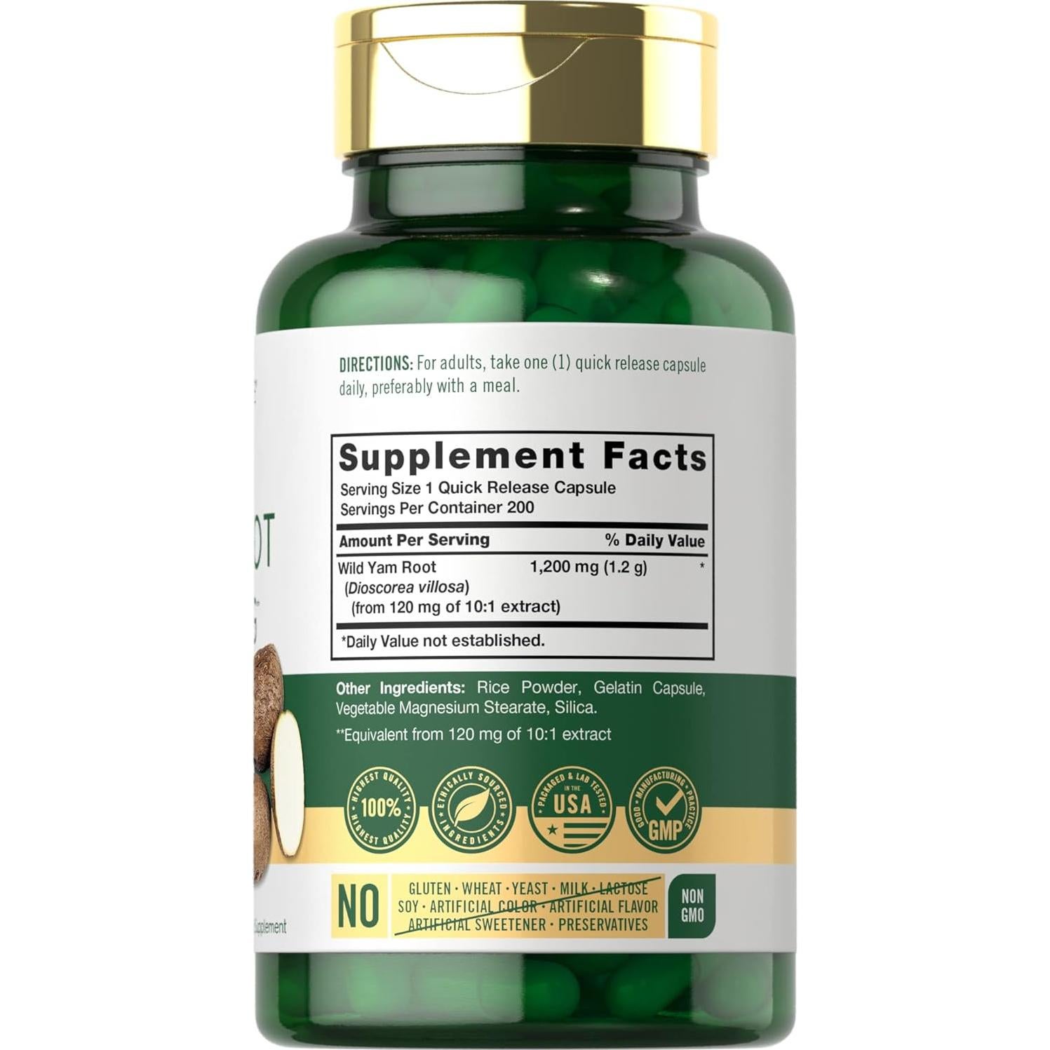 Cápsulas de raíz de ñame silvestre Carlyle | 200 unidades | Sin OGM, Sin gluten