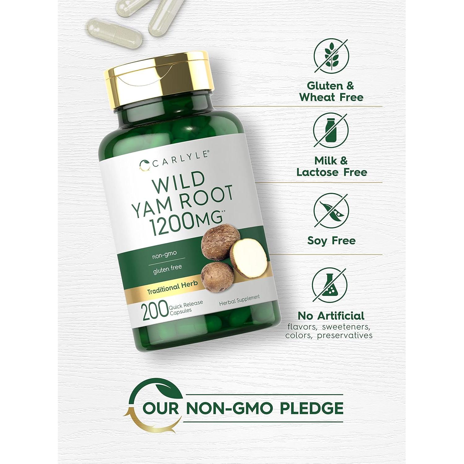 Cápsulas de raíz de ñame silvestre Carlyle | 200 unidades | Sin OGM, Sin gluten