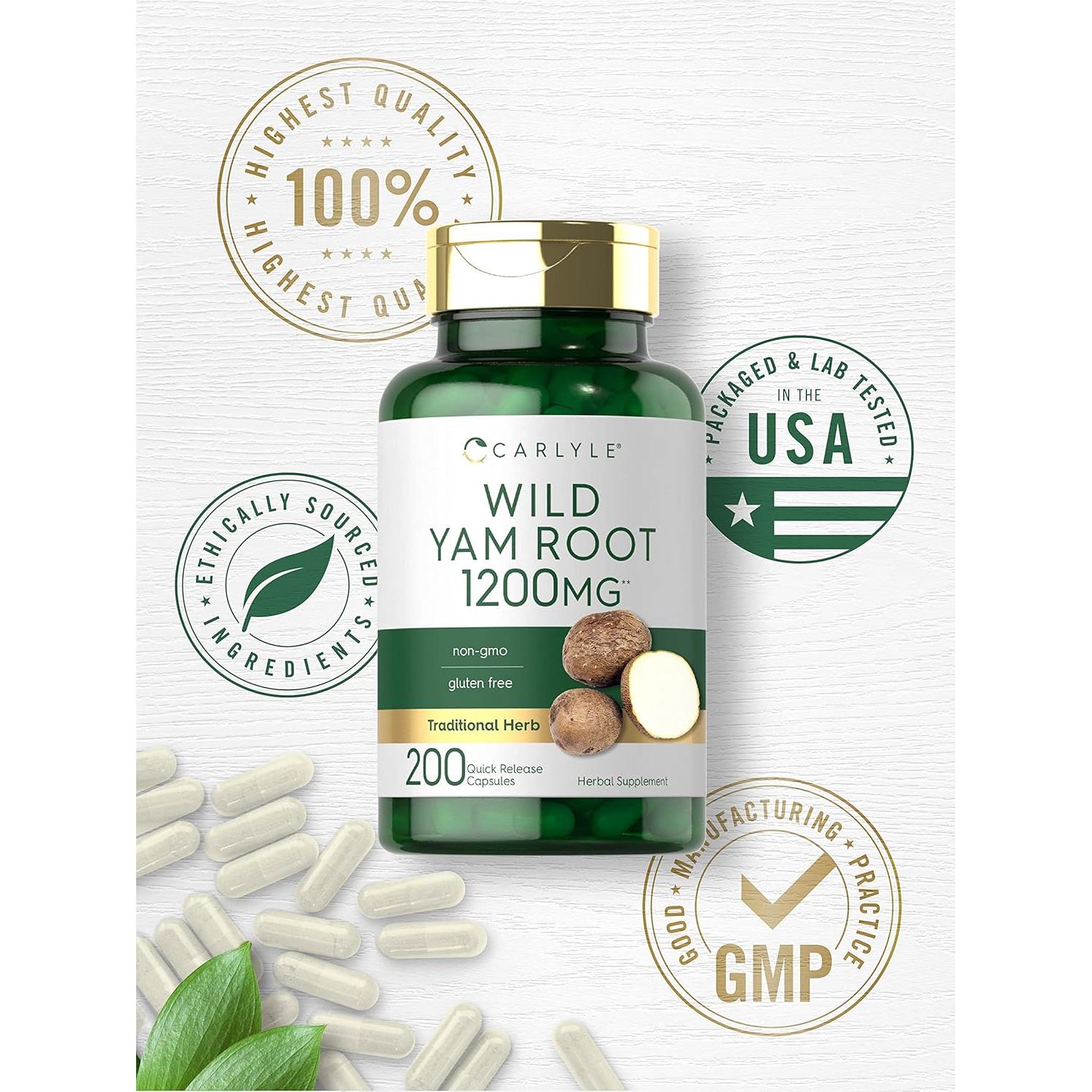 Cápsulas de raíz de ñame silvestre Carlyle | 200 unidades | Sin OGM, Sin gluten