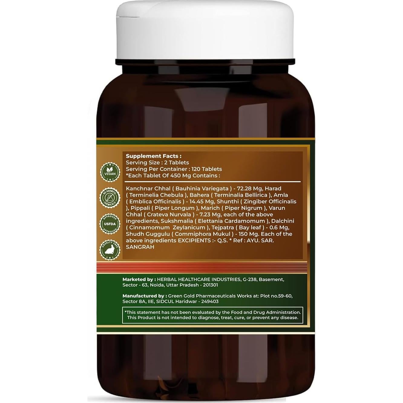 Tabletas Ayurvédicas Kanchnar Guggulu 450 mg 120 Unidades