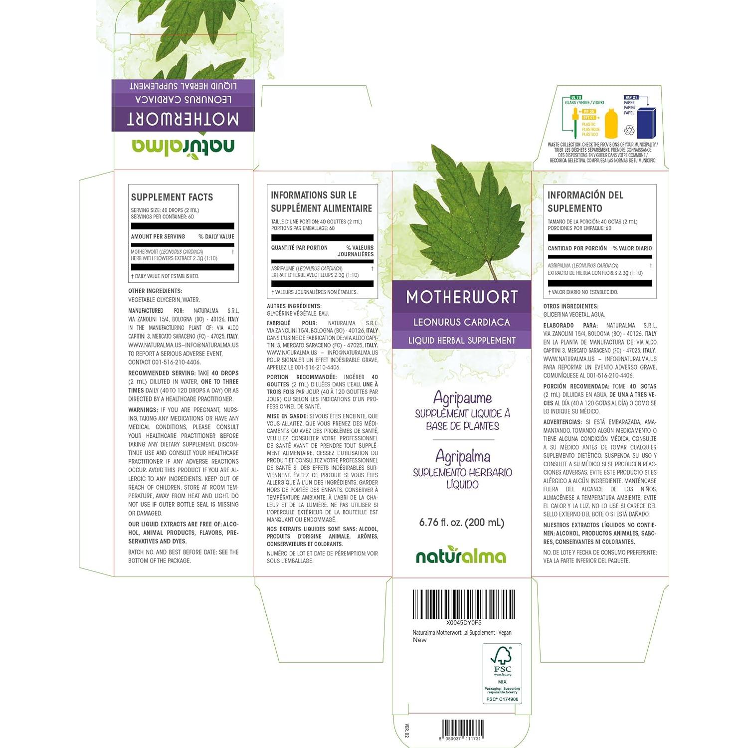 Extracto líquido de Motherwort Naturalma 200 ml - Sin alcohol