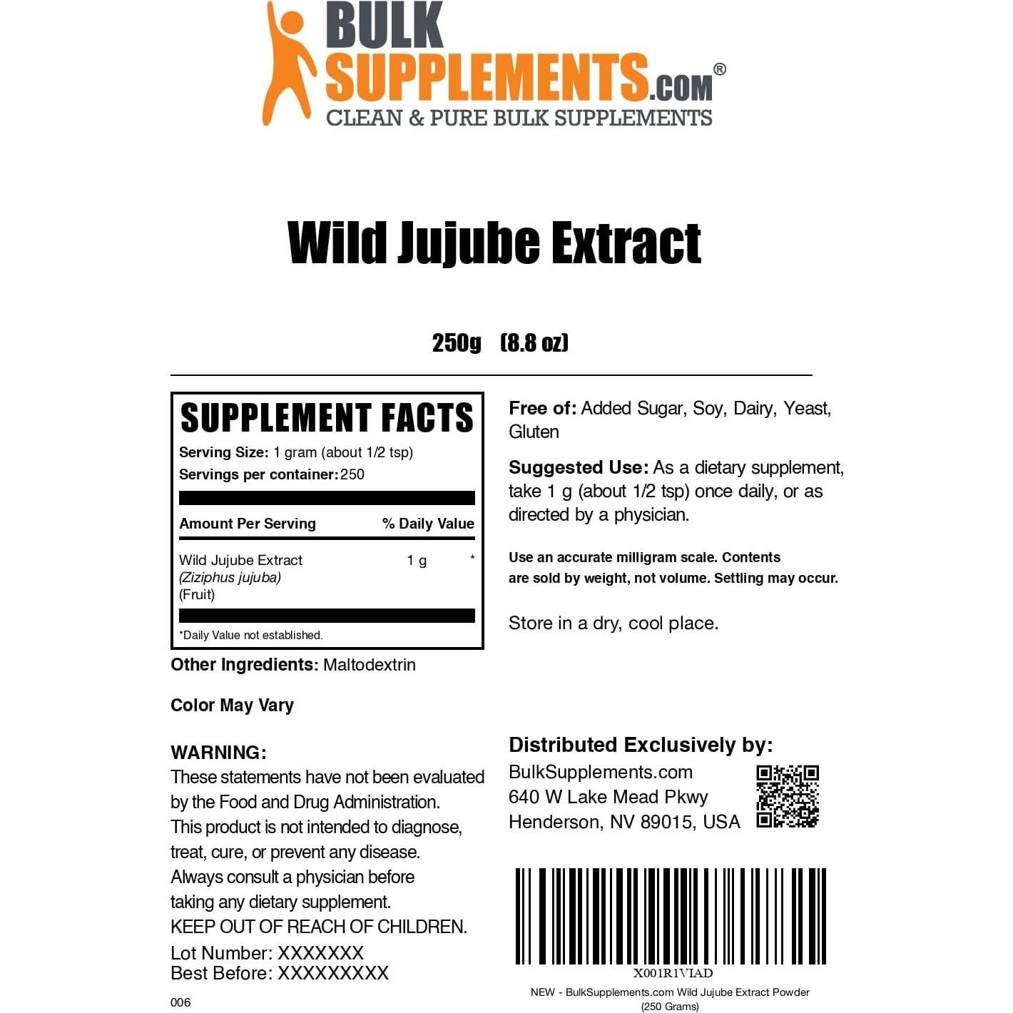Polvo de Extracto de Jujube Silvestre BulkSupplements 250g Suplemento Herbal