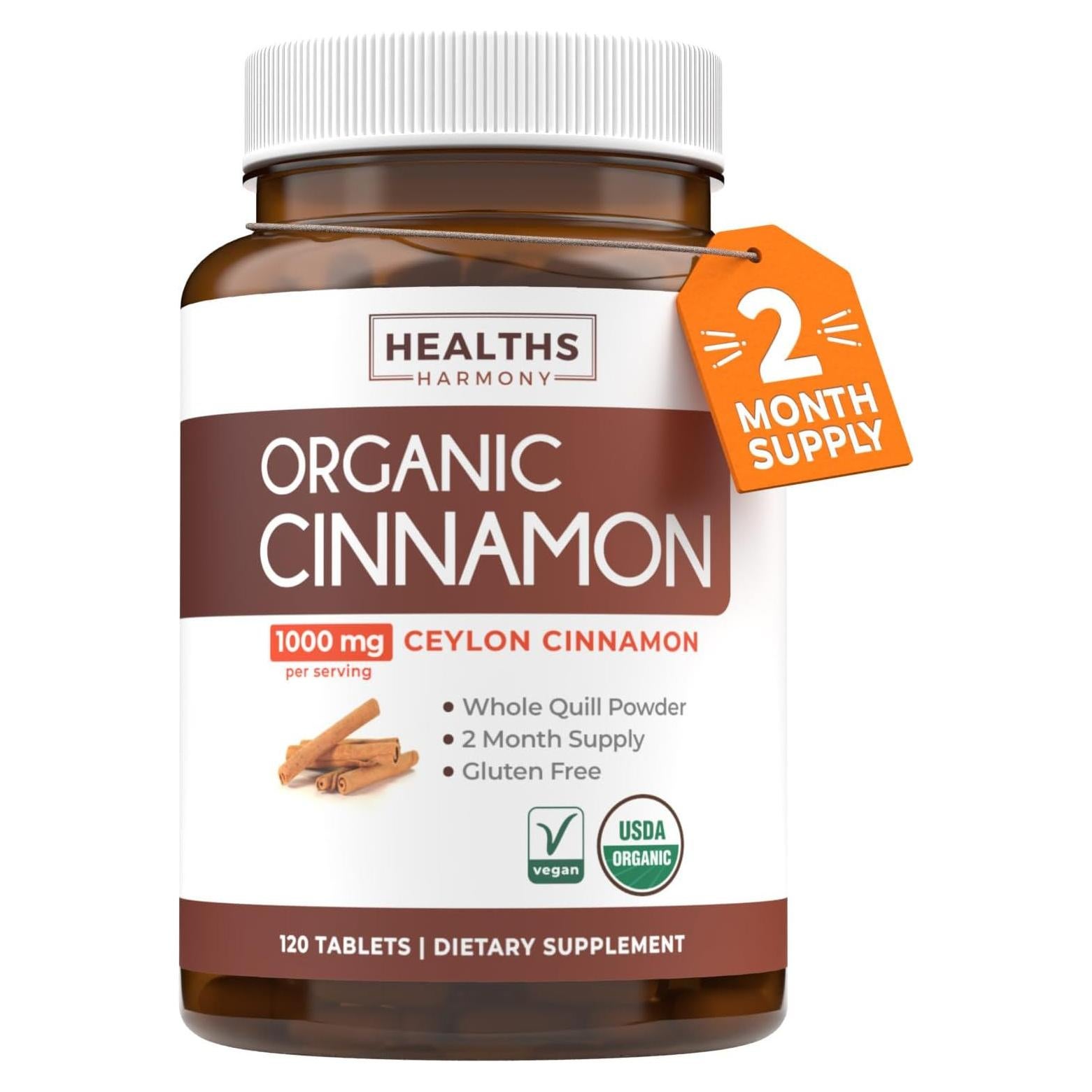 Píldoras de Canela de Ceilán Orgánica Healths Harmony 120 Tabletas