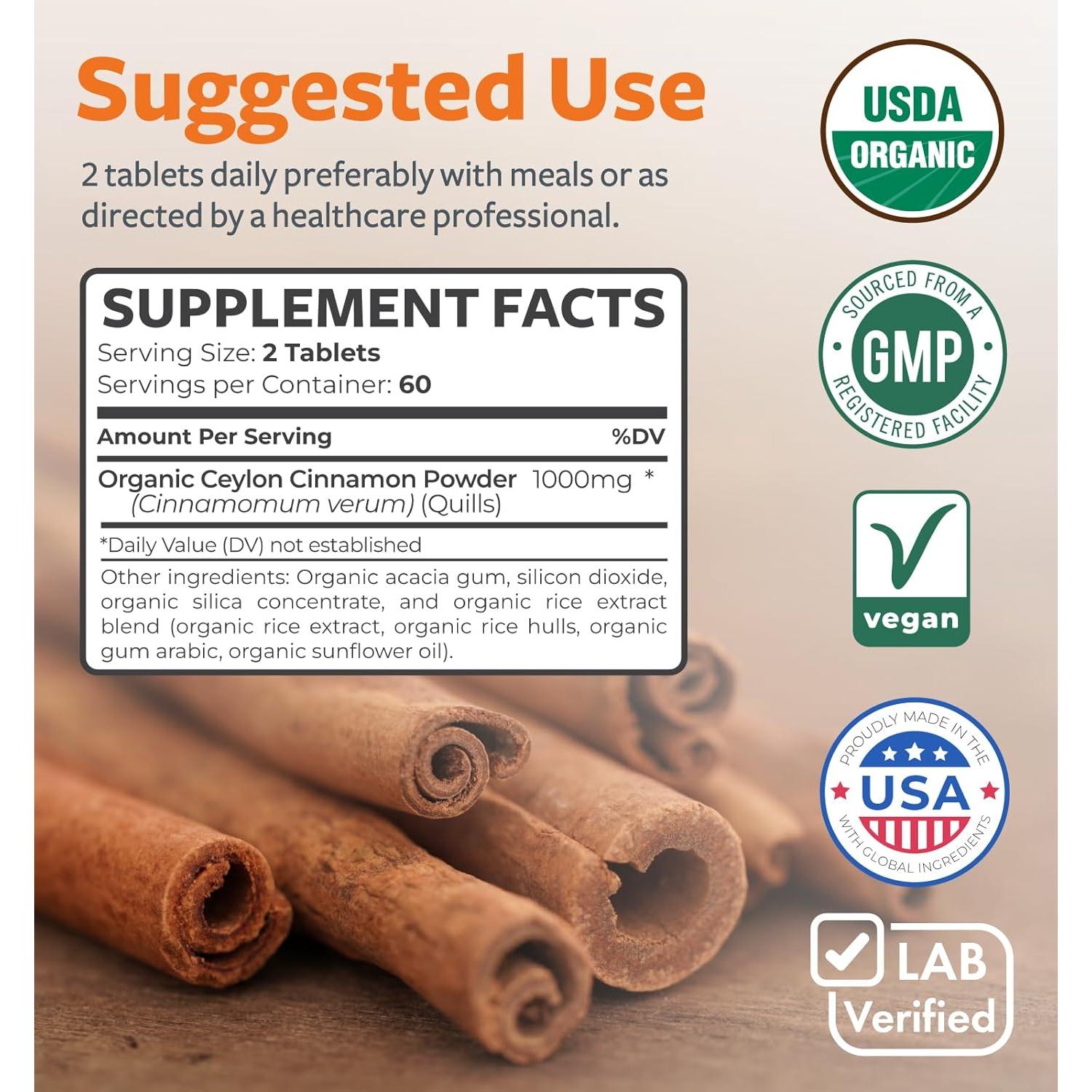 Píldoras de Canela de Ceilán Orgánica Healths Harmony 120 Tabletas