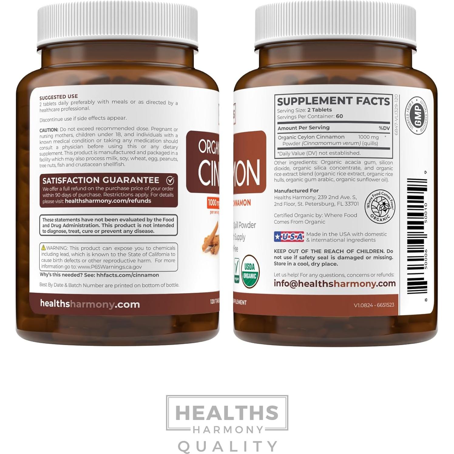 Píldoras de Canela de Ceilán Orgánica Healths Harmony 120 Tabletas