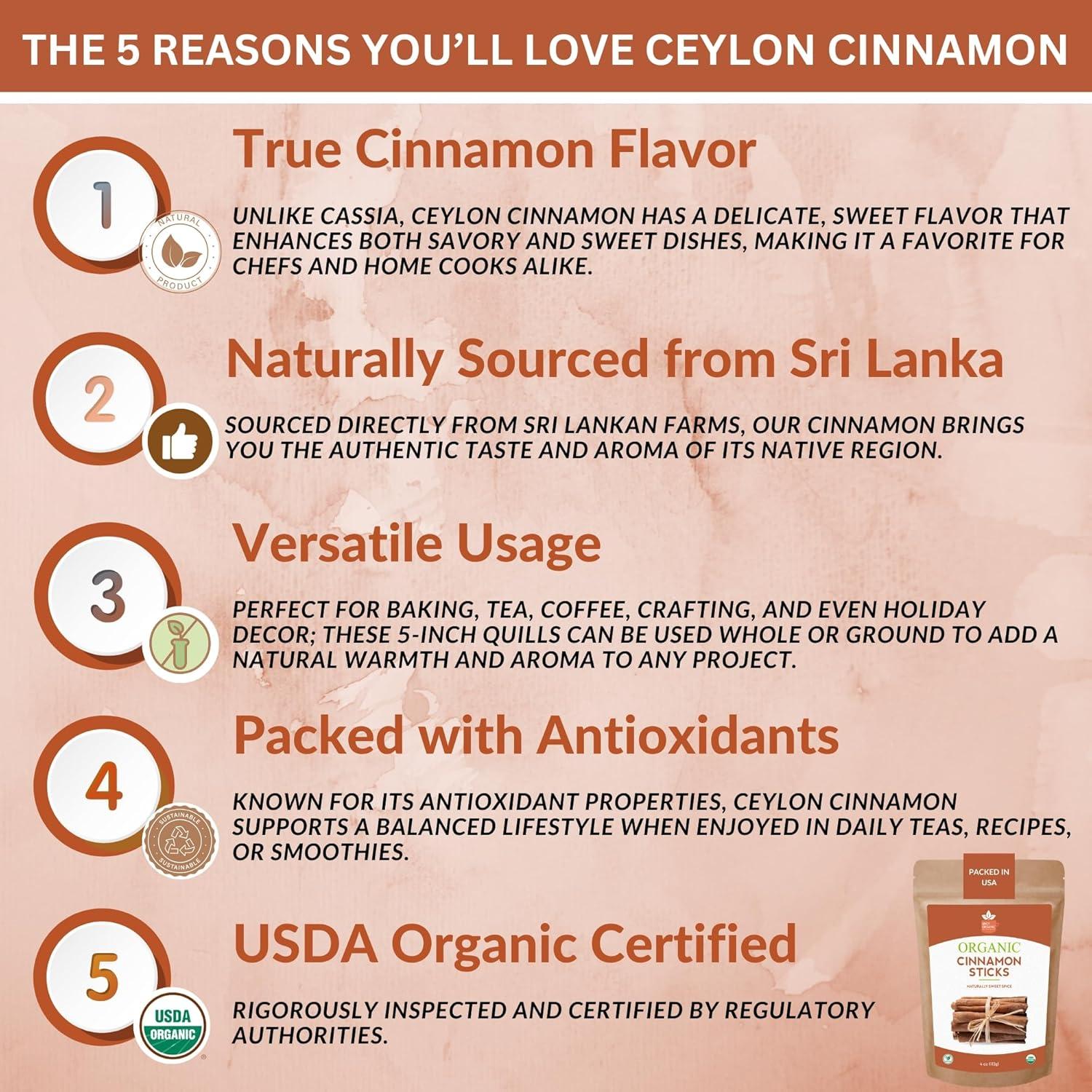 Canela Ceylon Orgánica Picante 113.4 g - Varillas de 8.9 cm