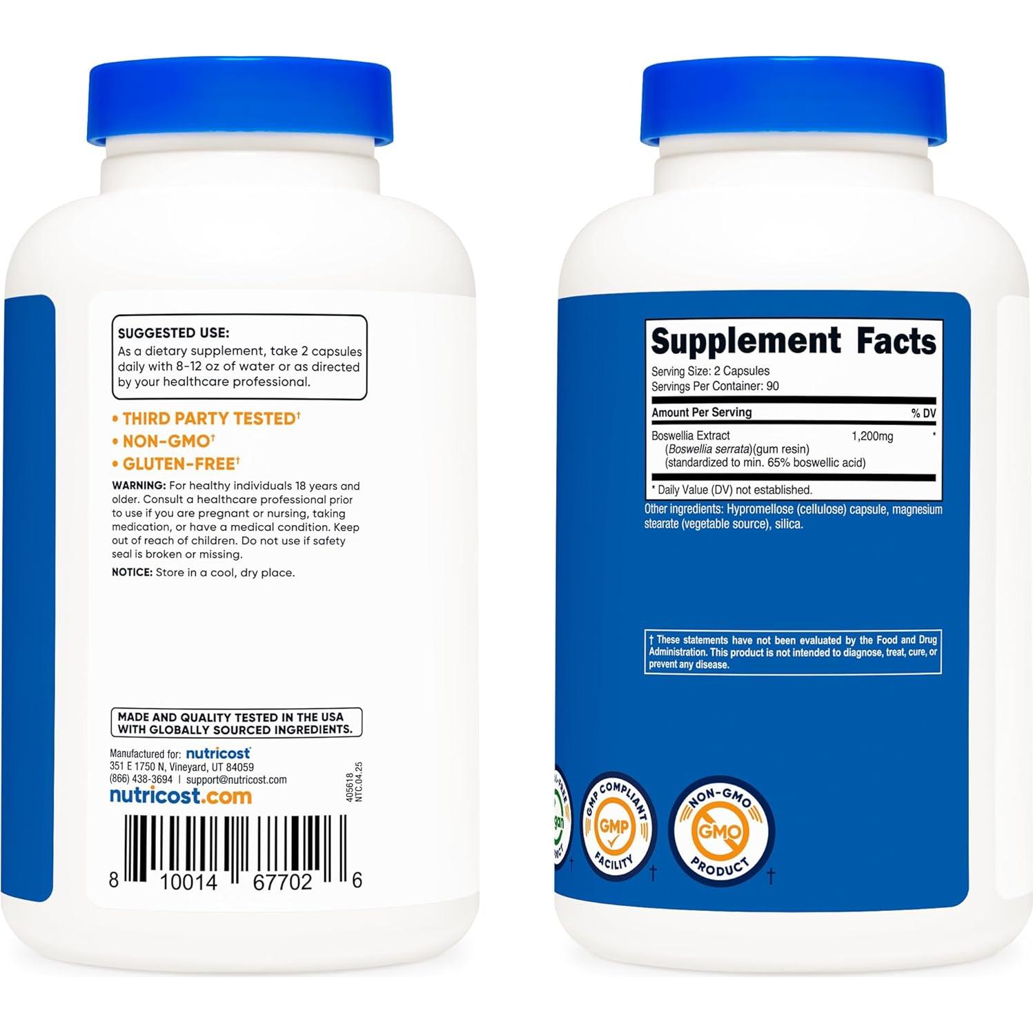 Cápsulas de Extracto de Boswellia Nutricost 1200mg 180 Caps Vegano