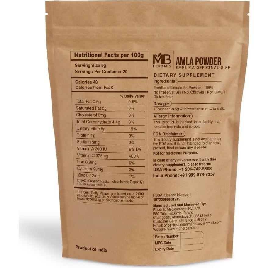 Polvo de Amla MB Herbals 100g Sin Semillas Crudo Sin Gluten