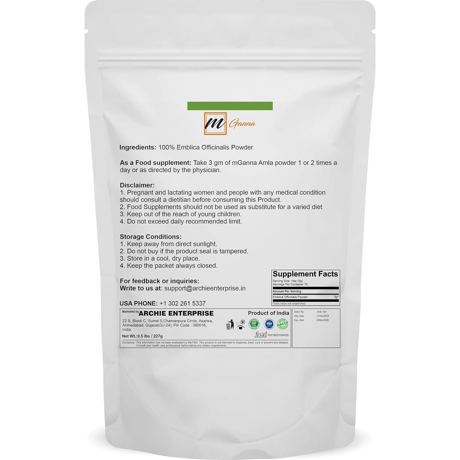 Polvo de Amla 100% Natural mGanna 227g - Cuidado Piel y Cabello