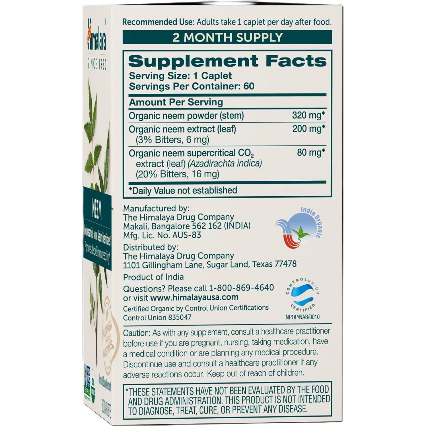 Suplemento Herbal Himalaya Neem Orgánico 600 mg 60 Tabletas