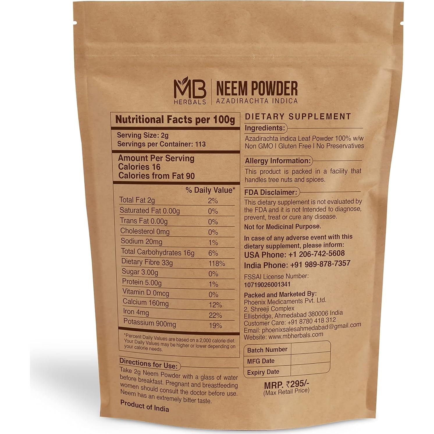 Polvo de Neem Puro MB Herbals 227g - Suplemento Natural