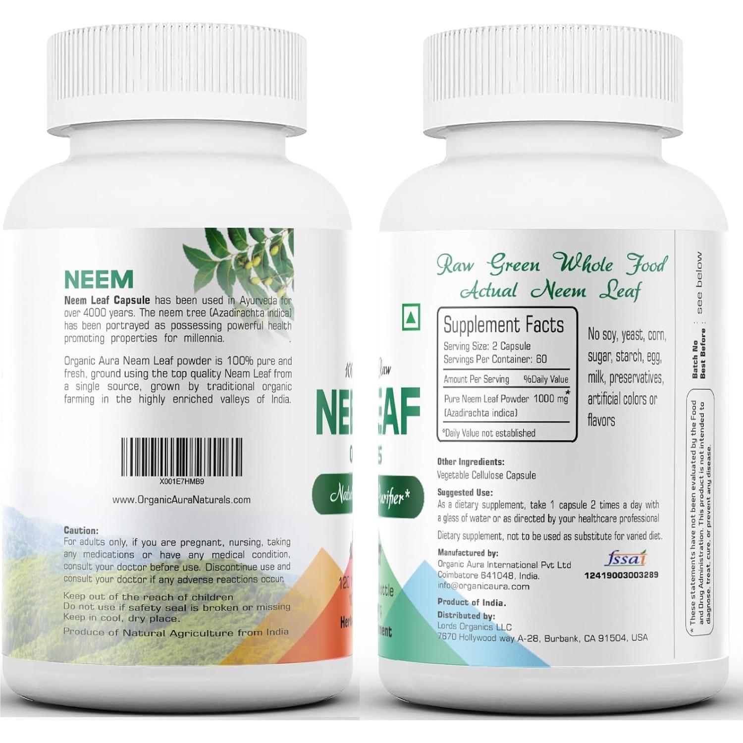 Cápsulas de Neem Orgánico Aura 100% Puras 100g - Superalimento