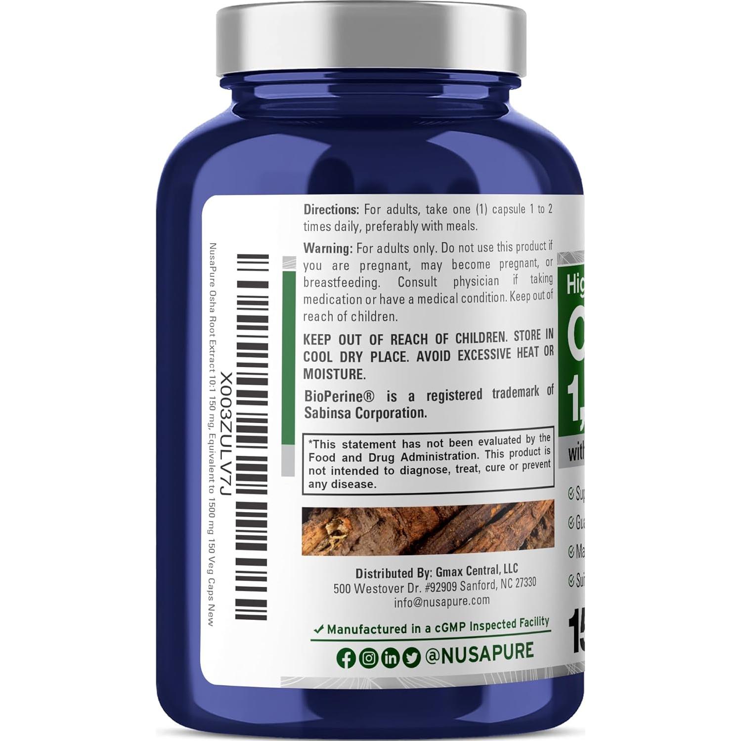 Cápsulas Veganas de Extracto de Raíz de Osha NusaPure 1500 mg