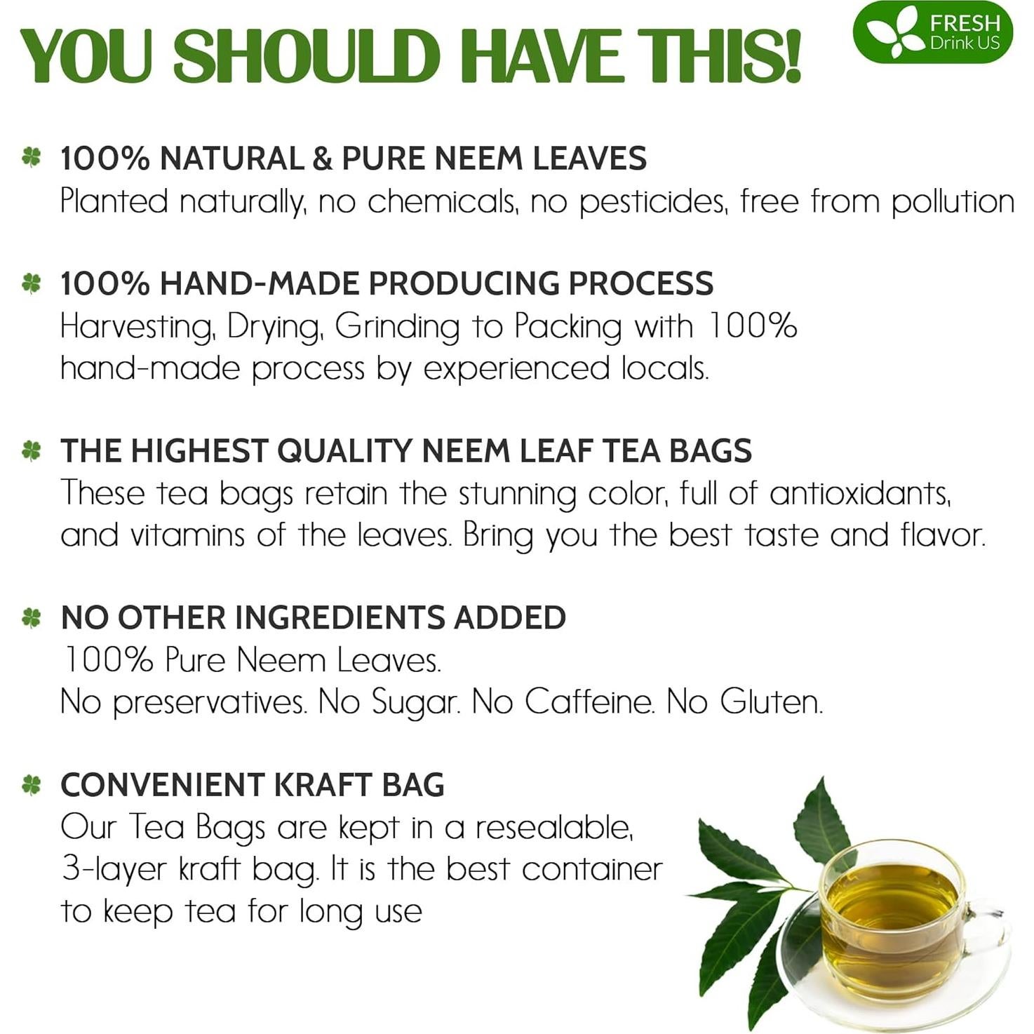 Té de Hoja de Neem FreshDrinkUS 100 Bolsitas 100% Natural