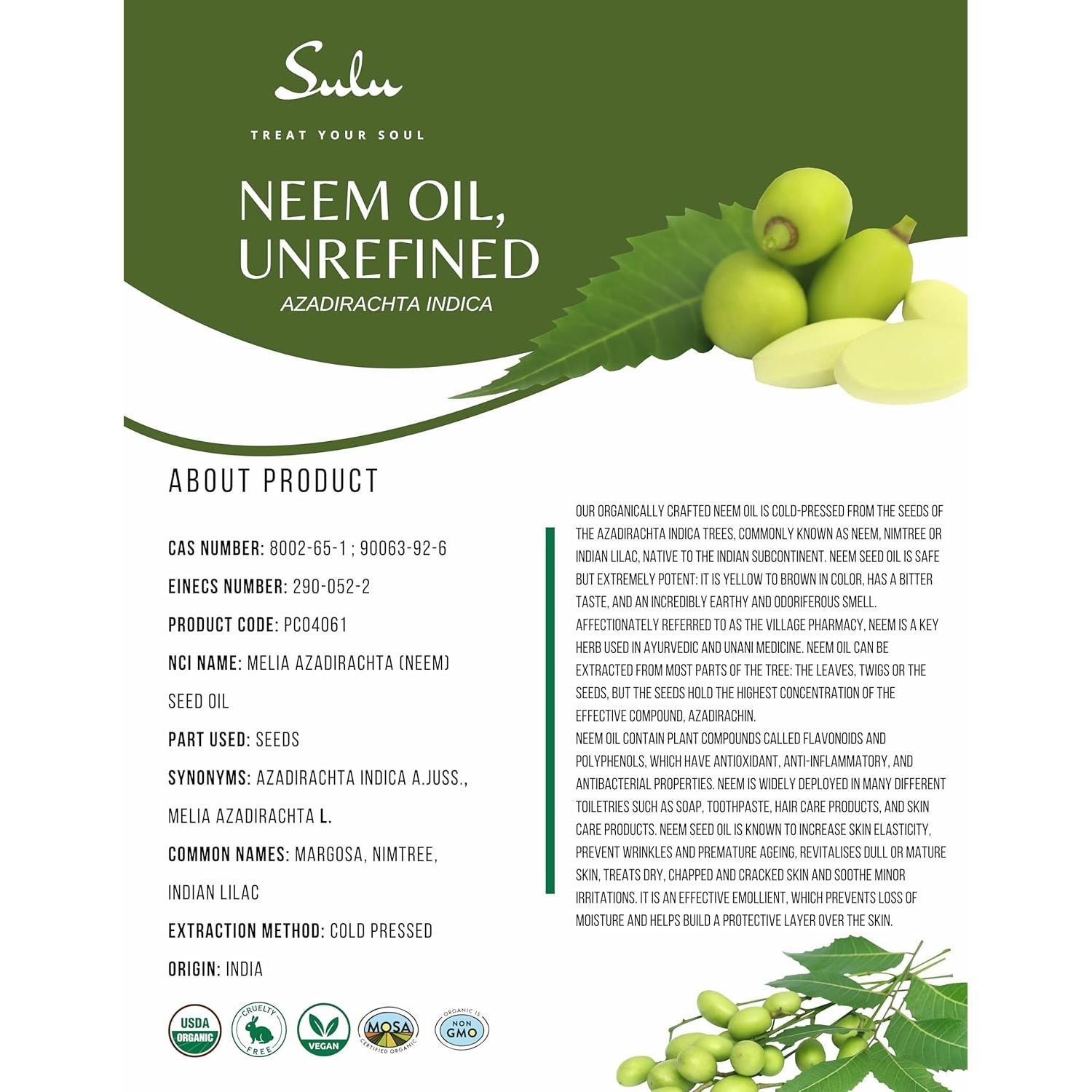 Aceite de Neem Virgen Orgánico SULU 236ml Prensado en Frío