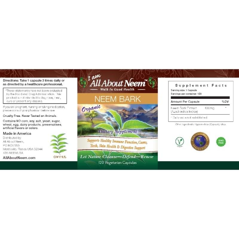 Cápsulas de Corteza de Neem Orgánico 400mg - 120 Unidades - Suplemento Vegano