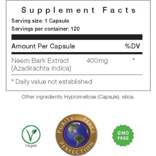 Cápsulas de Corteza de Neem Orgánico 400mg - 120 Unidades - Suplemento Vegano