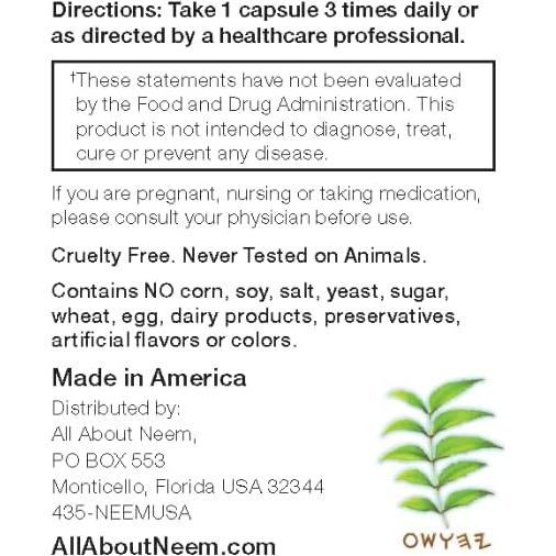 Cápsulas de Corteza de Neem Orgánico 400mg - 120 Unidades - Suplemento Vegano