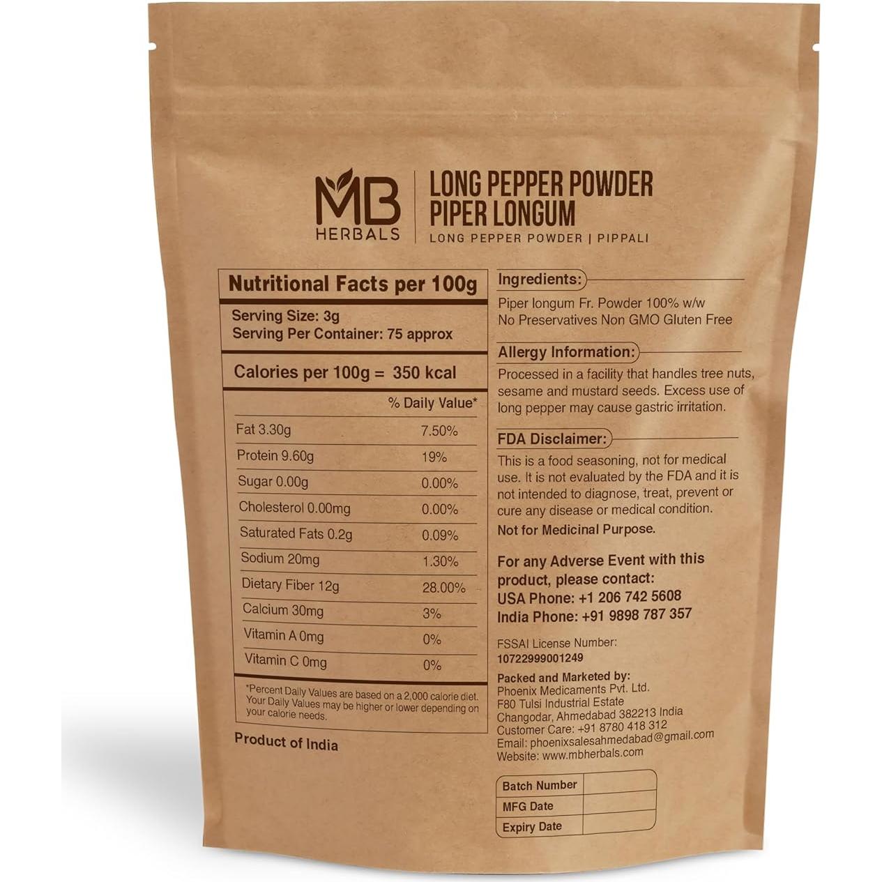 Polvo de Pimienta Larga MB Herbals 100g Puro Sin Aditivos