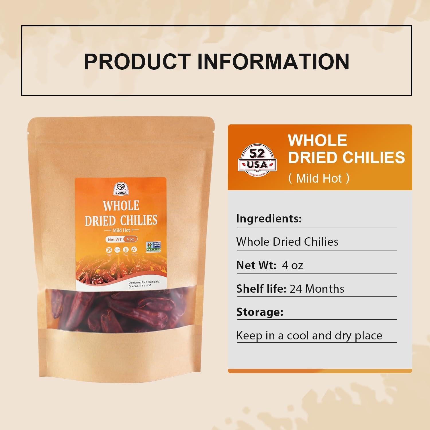 Pimientos Chiles Secos 52USA 113.4 g - Suave Caliente