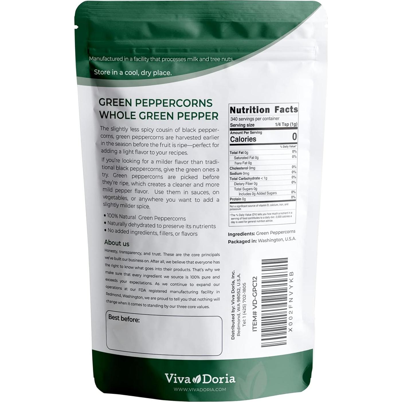 Pimienta Verde Entera Viva Doria 340 Gr - Esterilizada por Vapor