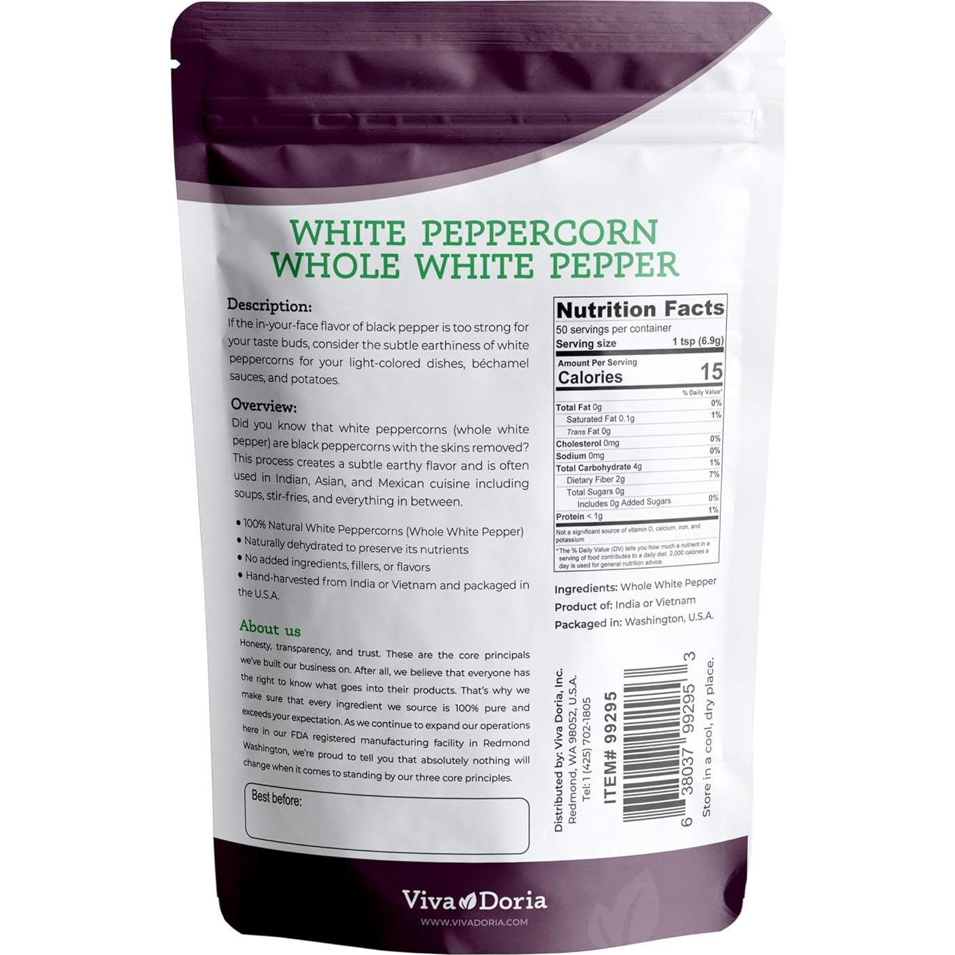 Pimienta Blanca Entera Viva Doria 340g - Sabor Suave y Delicado