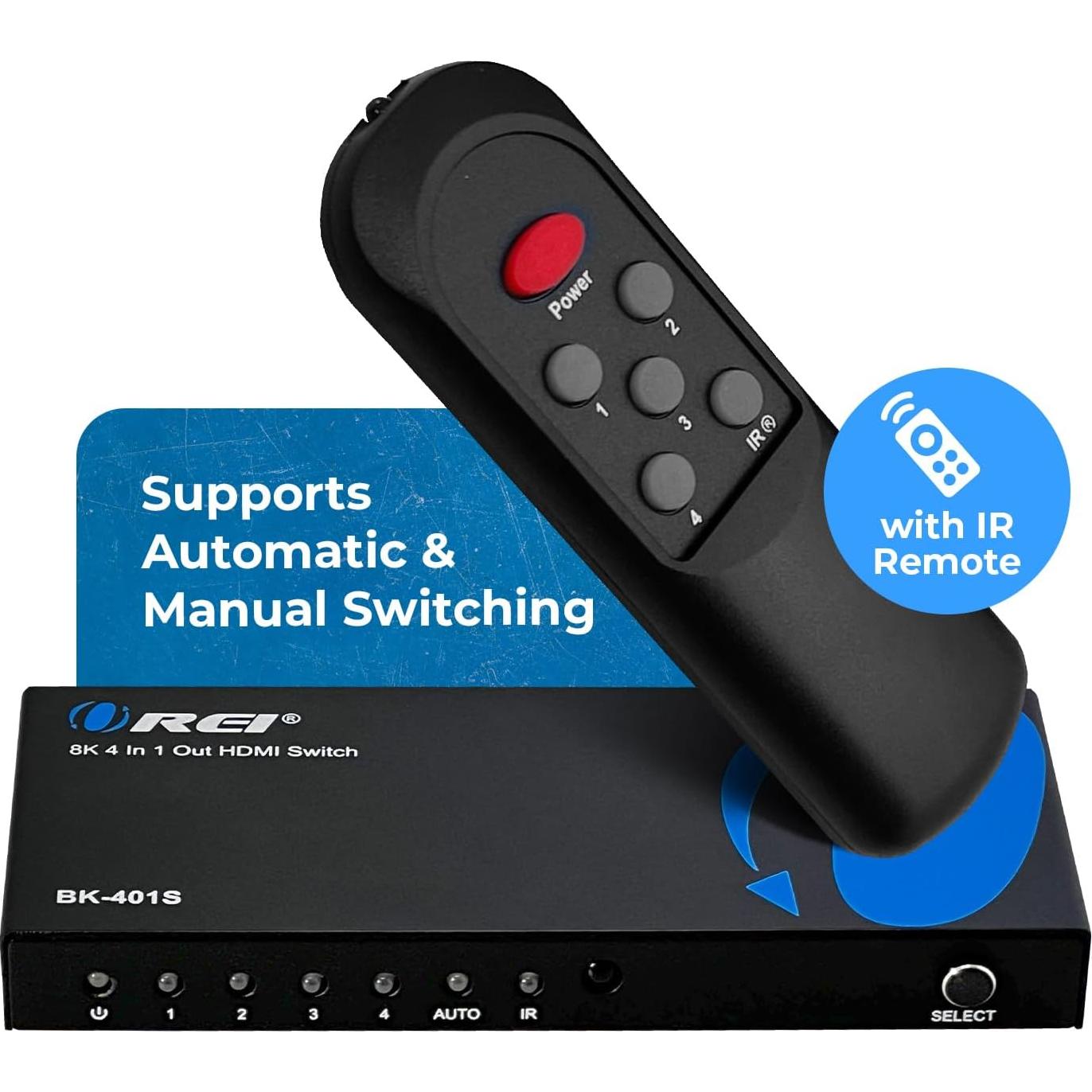 Interruptor HDMI 4x1 OREI BK-401S 8K 120Hz con Control Remoto