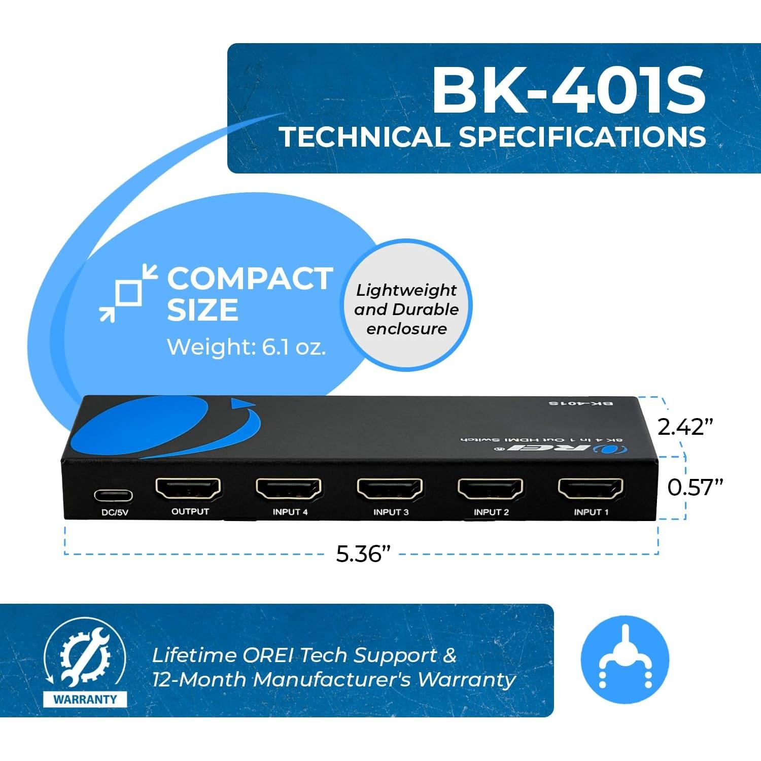 Interruptor HDMI 4x1 OREI BK-401S 8K 120Hz con Control Remoto