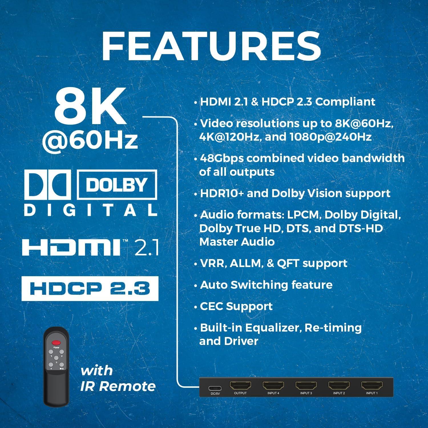 Interruptor HDMI 4x1 OREI BK-401S 8K 120Hz con Control Remoto