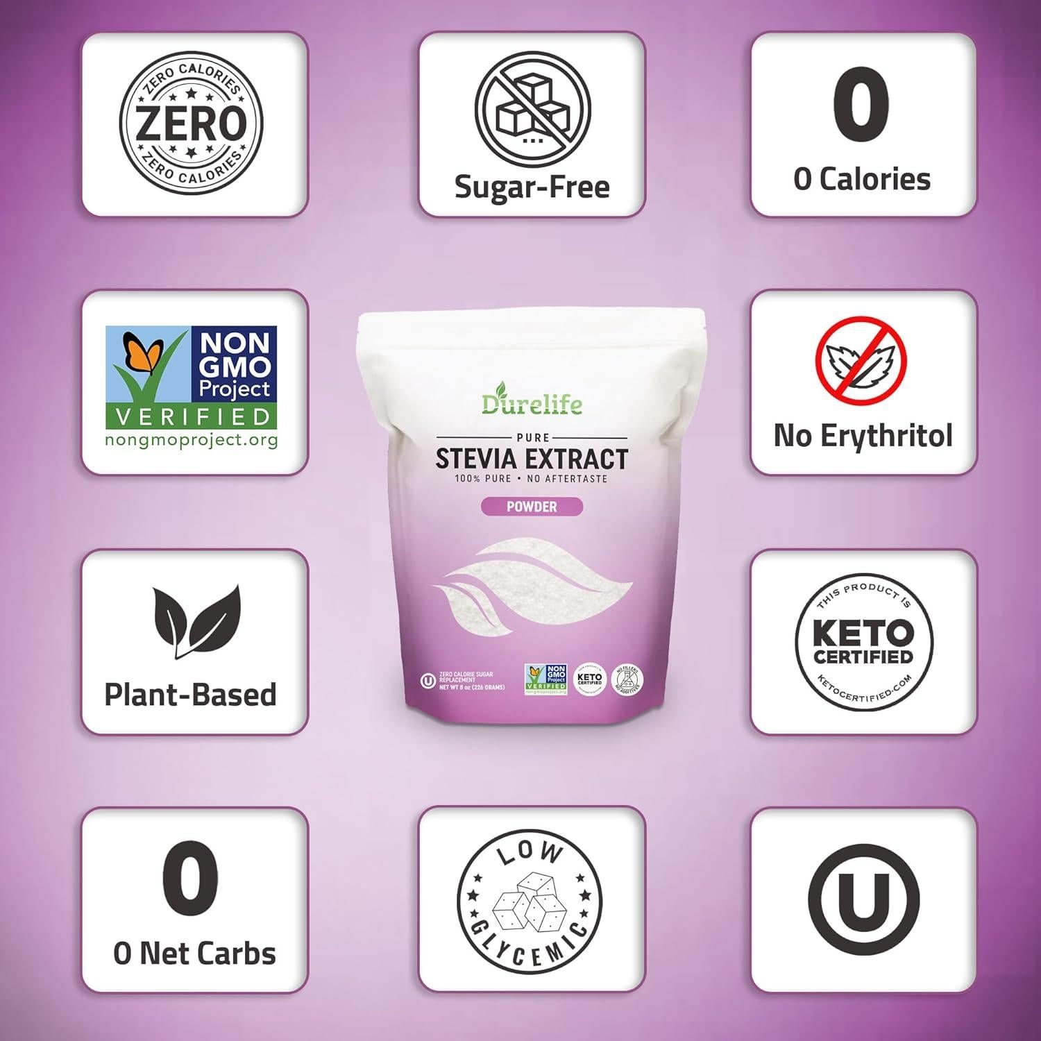 Durelife Extracto de Stevia Puro 227 g - Sin Eritritol, Cero Calorías