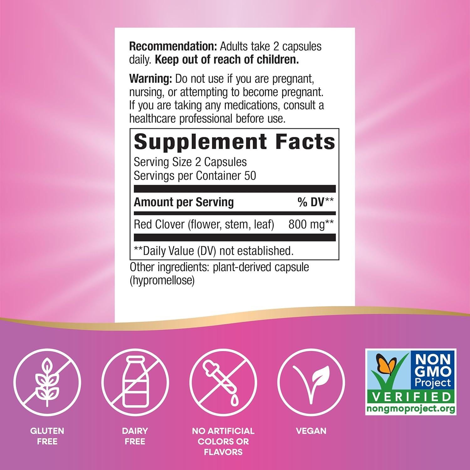 Hierba de Trébol Rojo Nature's Way 800 mg 100 Cápsulas Veganas