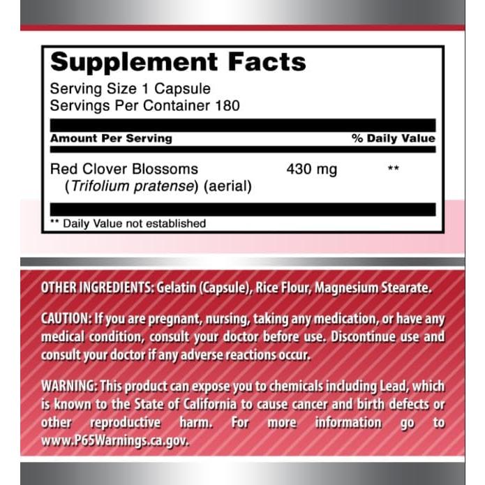 Suplemento de Trébol Rojo Nutrición Asombrosa 430 Mg 180 Cápsulas