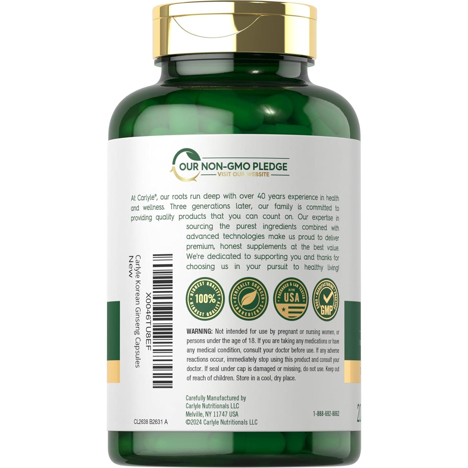 Cápsulas de Ginseng Coreano Carlyle 2000 mg - 200 Unidades