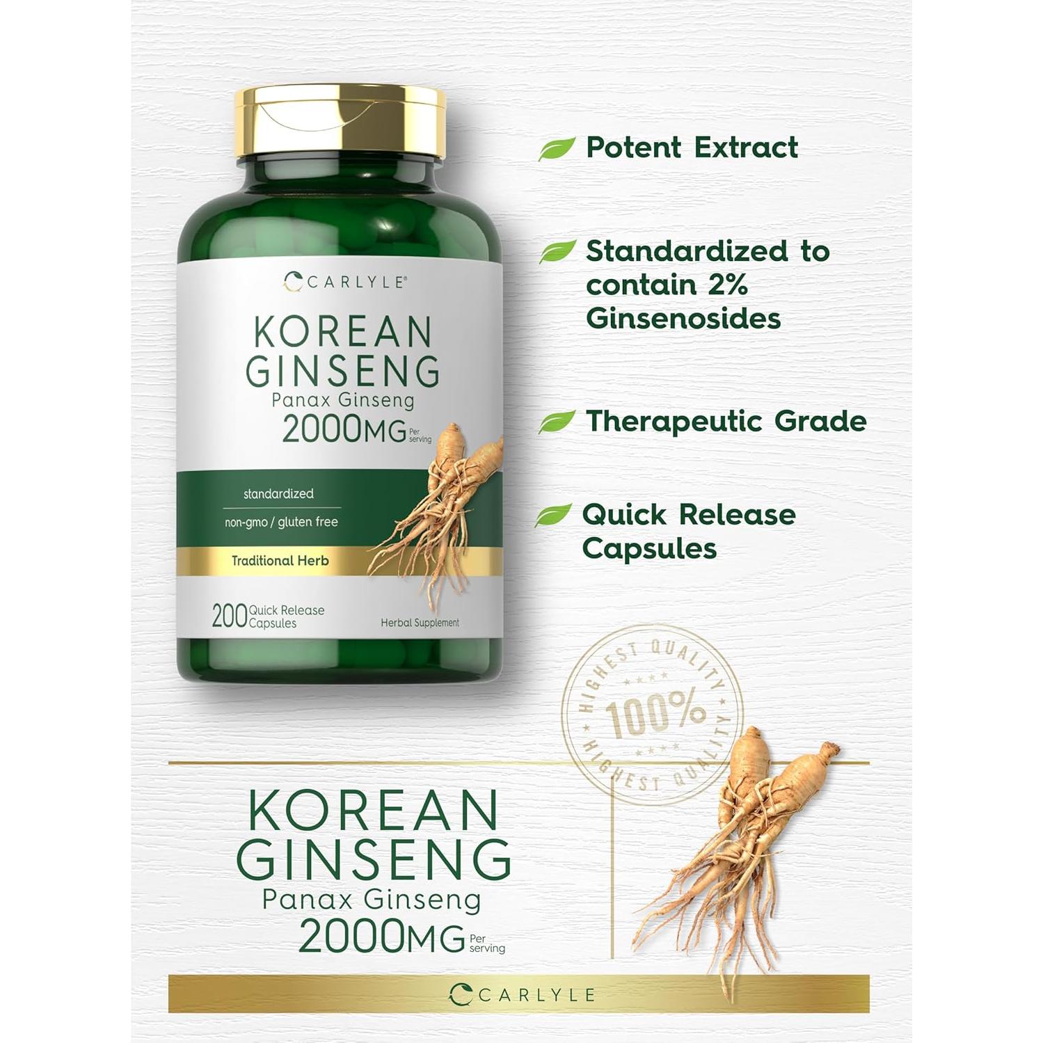 Cápsulas de Ginseng Coreano Carlyle 2000 mg - 200 Unidades