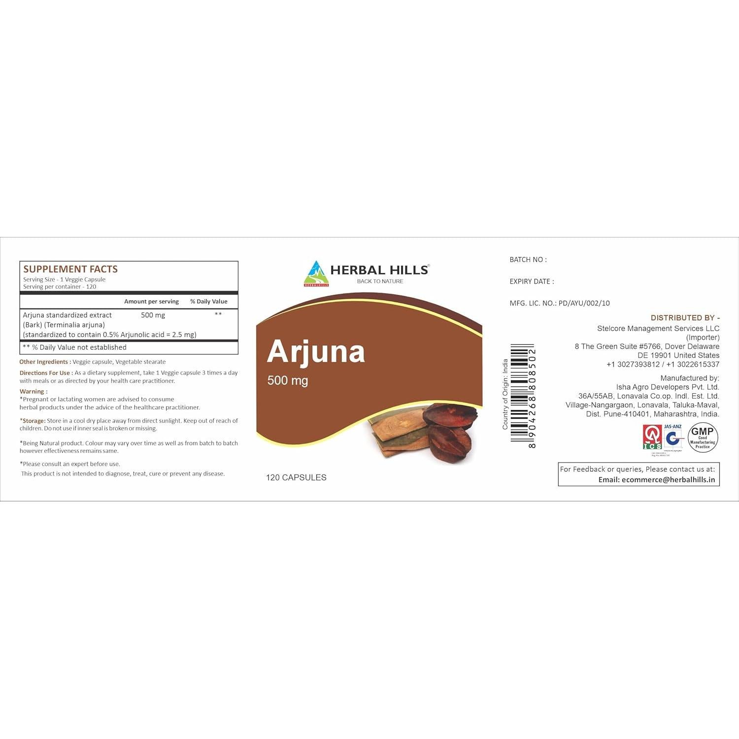 Cápsulas de Arjuna Herbal Hills 120 unidades 500 mg Suplemento